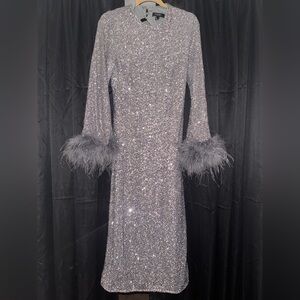Club L London Glittering Silver Dress with Feather Details
